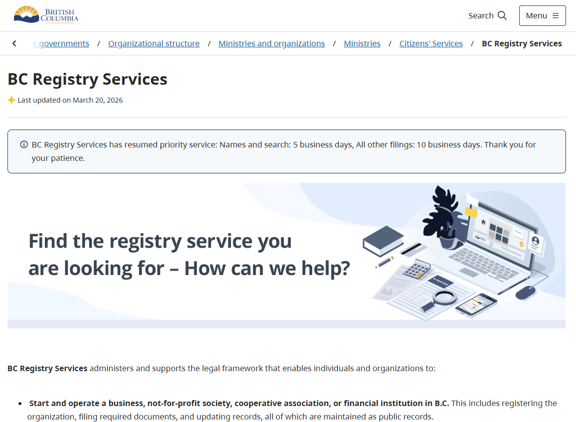 BC Registry Services portal for Vancouver businesses